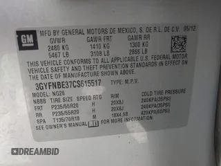 2012 Cadillac SRX Performance Collection with VIN 3GYFNBE37CS615517, listed as a IAAI auction lot 42541029 with 54,159 mi miles and . Bid and sale history available at DreamBid. Image 9.