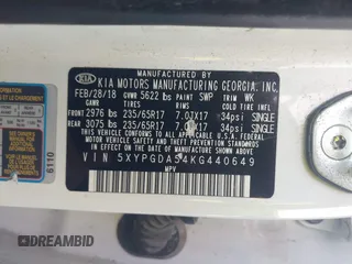 2019 Kia Sorento LX V6 with VIN 5XYPGDA54KG440649, listed as a IAAI auction lot 41843180 with 171,653 mi miles. Bid and sale history available at carsss.com. Image 9.