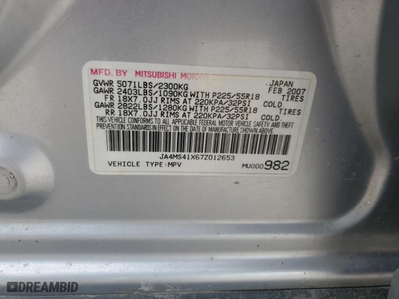 2007 Mitsubishi Outlander XLS with VIN JA4MS41X67Z012653, listed as a Copart auction lot 48085584 with 254,979 mi miles and Salvage Title. Bid and sale history available at carsss.com. Image 13.