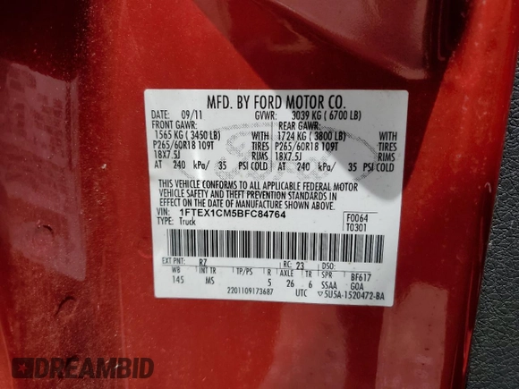 2011 Ford F-150 XL with VIN 1FTEX1CM5BFC84764, listed as a Copart auction lot 59138025 with 122,787 mi miles and Salvage title. Bid and sale history available at DreamBid. Image 12.