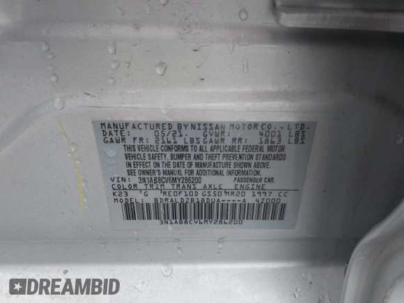 2021 Nissan Sentra SV with VIN 3N1AB8CV6MY286200, listed as a IAAI auction lot 41742186 with 68,851 mi miles and . Bid and sale history available at DreamBid. Image 9.