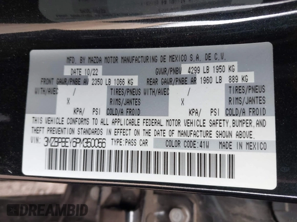 2023 Mazda 3 Premium Plus with VIN 3MZBPBEY6PM350056, listed as a IAAI auction lot 41940111 with 27,091 mi miles and . Bid and sale history available at DreamBid. Image 9.