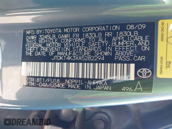 2010 Toyota Yaris with VIN JTDKT4K3XA5282294, listed as a IAAI auction lot 41856423 with 264,409 mi miles. Bid and sale history available at carsss.com. Image 9.