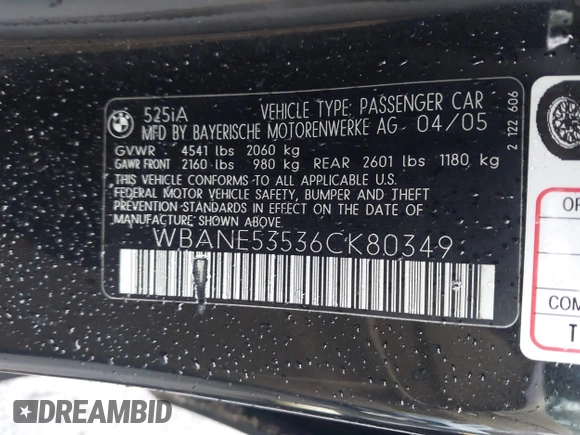 2006 BMW 5 Series 525i with VIN WBANE53536CK80349, listed as a IAAI auction lot 41973176 with 139,558 mi miles and . Bid and sale history available at DreamBid. Image 9.
