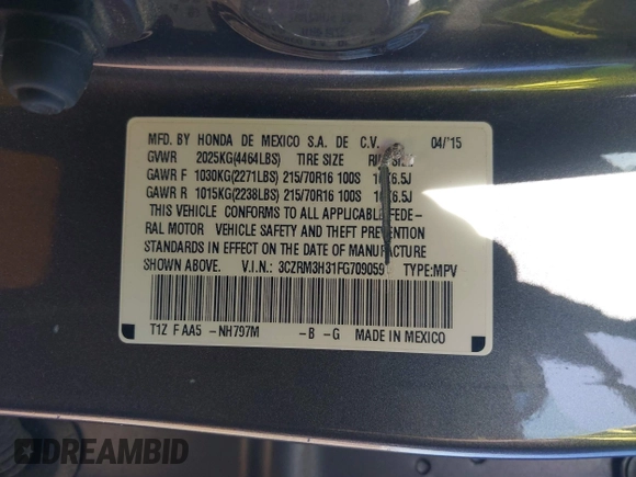 2015 Honda CR-V LX with VIN 3CZRM3H31FG709059, listed as a IAAI auction lot 42131551 with 98,738 mi miles and . Bid and sale history available at carsss.com. Image 9.