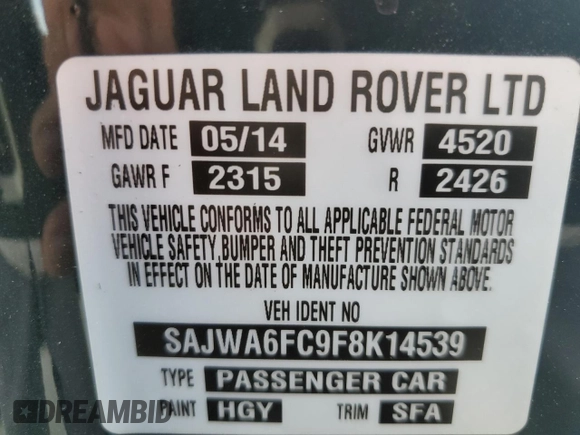2015 Jaguar F-Type S with VIN SAJWA6FC9F8K14539, listed as a Copart auction lot 48292804 with 46,068 mi miles and . Bid and sale history available at DreamBid. Image 12.