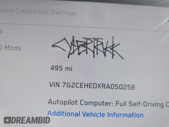 2024 Tesla Cybertruck с VIN 7G2CEHEDXRA050258, выставлен на аукционе IAAI как лот 41200586 с пробегом 495 миль миль и . История ставок и продаж доступна на DreamBid. Изображение 15.