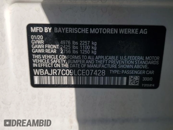 2020 BMW 5 Series 530i xDrive with VIN WBAJR7C09LCE07428, listed as a Copart auction lot 44449835 with 57,440 mi miles and Salvage title. Bid and sale history available at DreamBid. Image 12.
