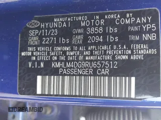 2024 Hyundai Elantra SEL with VIN KMHLM4DG9RU657512, listed as a IAAI auction lot 42041490 with 38,578 mi miles and . Bid and sale history available at DreamBid. Image 9.