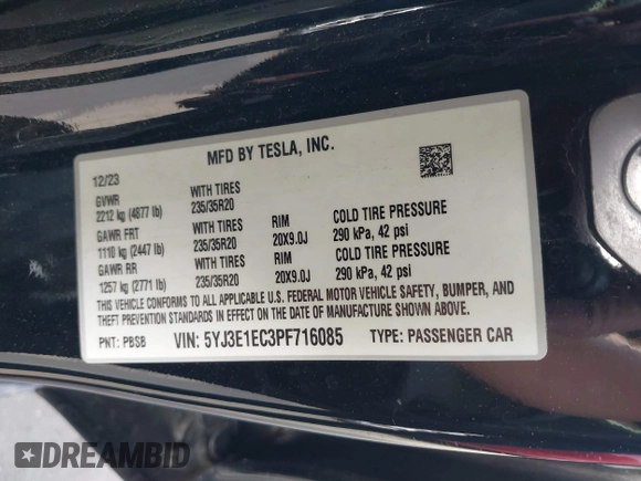 2023 Tesla Model 3 Performance z VIN 5YJ3E1EC3PF716085, wystawiony jako IAAI lot #41911684 z przebiegiem 45 184 mil mil oraz . Historia ofert i sprzedaży dostępna na DreamBid. Obrazek 9.
