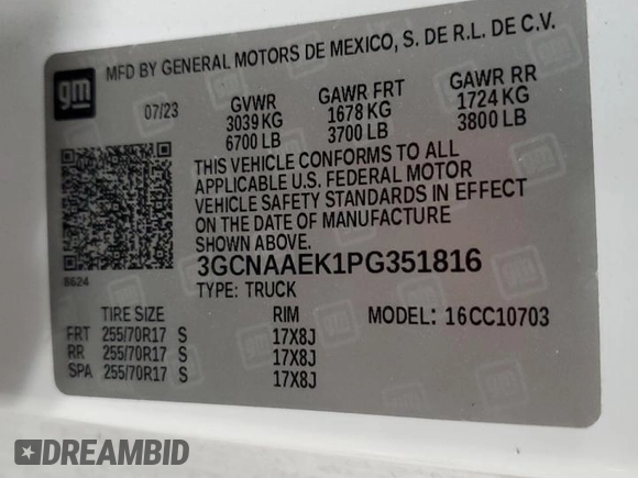 2023 Chevrolet Silverado 1500 Work Truck with VIN 3GCNAAEK1PG351816, listed as a Copart auction lot 52516055 with 196,377 mi miles and Clean Title. Bid and sale history available at carsss.com. Image 12.