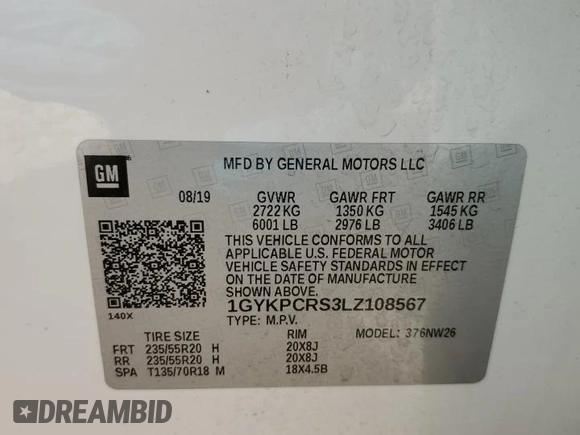 2020 Cadillac XT6 FWD Premium Luxury с VIN 1GYKPCRS3LZ108567, выставлен на аукционе Copart как лот 48582435 с пробегом 68 986 миль миль и Списание • Salvage title. История ставок и продаж доступна на DreamBid. Изображение 13.
