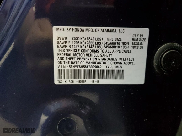 2019 Honda Pilot EX-L with VIN 5FNYF6H58KB099062, listed as a Copart auction lot 51150925 with 123,507 mi miles and Salvage Title. Bid and sale history available at carsss.com. Image 13.