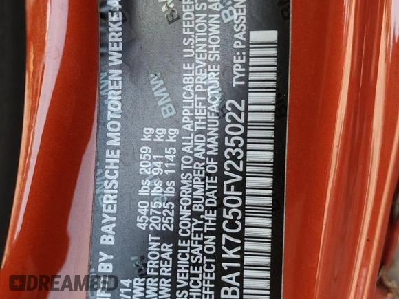 2015 BMW 2 Series 228i xDrive with VIN WBA1K7C50FV235022, listed as a Copart auction lot 70205714 with Not Provided miles and Salvage Title. Bid and sale history available at DreamBid. Image 15.
