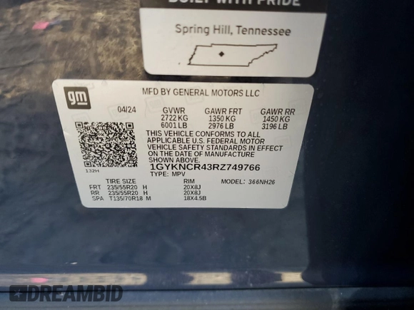 2024 Cadillac XT5 FWD Premium Luxury with VIN 1GYKNCR43RZ749766, listed as a Copart auction lot 80264854 with 3,279 mi miles and Salvage Title. Bid and sale history available at carsss.com. Image 13.