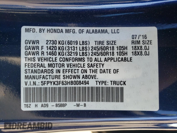 2017 Honda Ridgeline RTL-T with VIN 5FPYK3F63HB008494, listed as a Copart auction lot 55640195 with 91,131 mi miles and Salvage title. Bid and sale history available at DreamBid. Image 12.