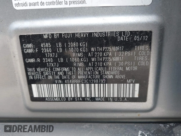 2012 Subaru Outback 2.5i Prem with VIN 4S4BRBFC3C1298792, listed as a IAAI auction lot 41353712 with 186,440 mi miles. Bid and sale history available at carsss.com. Image 9.