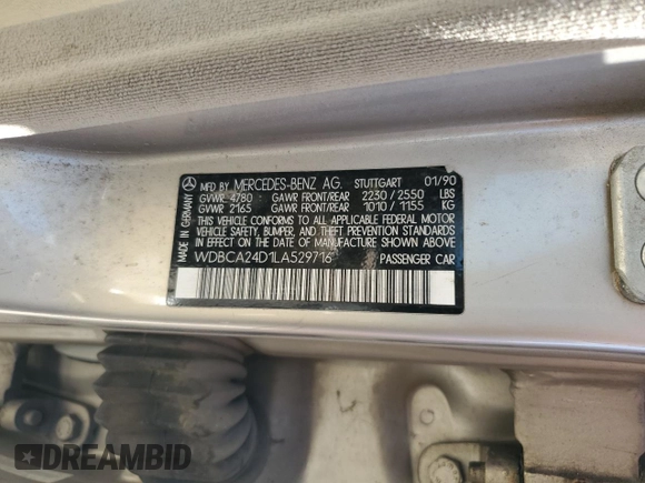 1990 Mercedes-Benz 300 with VIN WDBCA24D1LA529716, listed as a Copart auction lot 56581335 with 122,286 mi miles and Salvage Title. Bid and sale history available at DreamBid. Image 12.