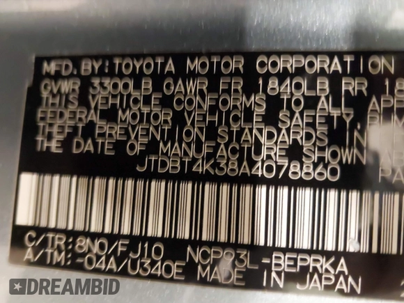 2010 Toyota Yaris with VIN JTDBT4K38A4078860, listed as a IAAI auction lot 41721278 with 1 mi miles. Bid and sale history available at carsss.com. Image 9.
