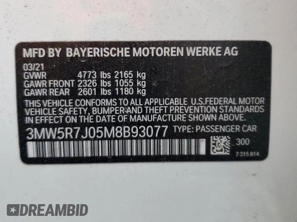 2021 BMW 3 Series 330i xDrive z VIN 3MW5R7J05M8B93077, wystawiony jako Copart lot #57125755 z przebiegiem 43 123 mil mil oraz Szkoda całkowita • Salvage title. Historia ofert i sprzedaży dostępna na DreamBid. Obrazek 12.