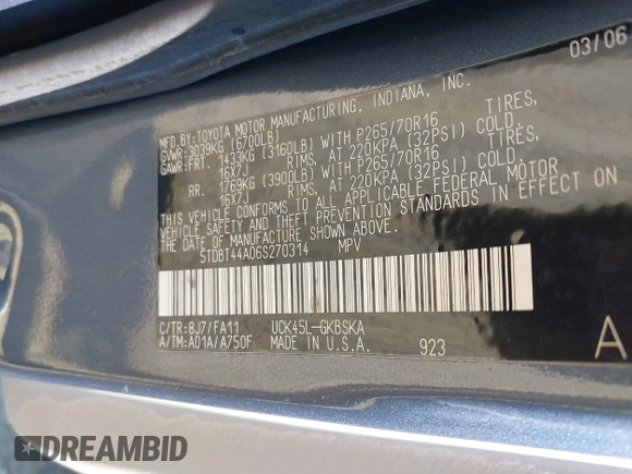 2006 Toyota Sequoia SR5 with VIN 5TDBT44A06S270314, listed as a IAAI auction lot 42225699 with 214,160 mi miles and . Bid and sale history available at DreamBid. Image 9.