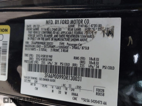 2013 Ford Fusion Titanium with VIN 3FA6P0D99DR130031, listed as a IAAI auction lot 41885596 with 174,687 mi miles. Bid and sale history available at carsss.com. Image 9.