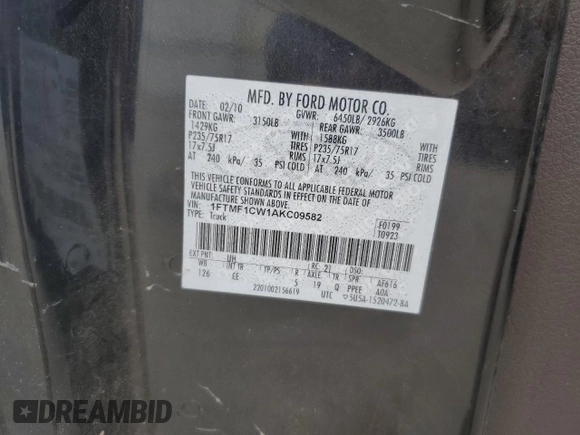 2010 Ford F-150 XL with VIN 1FTMF1CW1AKC09582, listed as a Copart auction lot 54296315 with 127,439 mi miles and Salvage title. Bid and sale history available at DreamBid. Image 12.