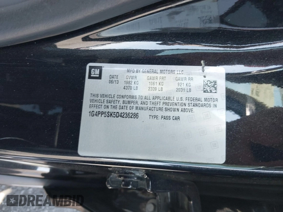 2013 Buick Verano with VIN 1G4PP5SK5D4236286, listed as a IAAI auction lot 42357188 with 69,829 mi miles and . Bid and sale history available at DreamBid. Image 9.