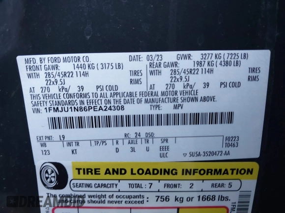 2023 Ford Expedition z VIN 1FMJU1N86PEA24308, wystawiony jako IAAI lot #41042544 z przebiegiem Nie podano mil oraz . Historia ofert i sprzedaży dostępna na DreamBid. Obrazek 9.