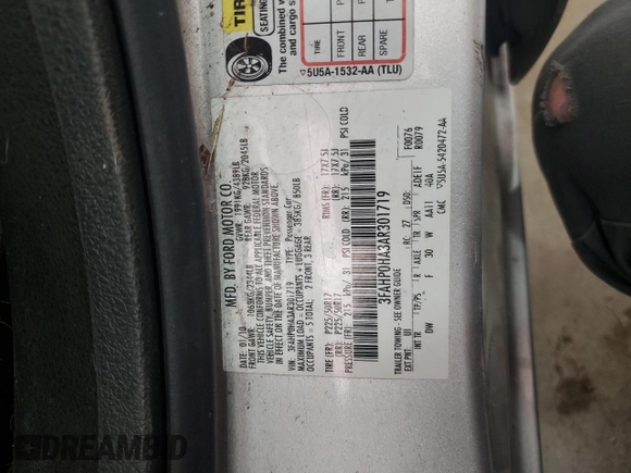 2010 Ford Fusion SE with VIN 3FAHP0HA3AR301719, listed as a Copart auction lot 54157095 with 188,760 mi miles and Clean Title. Bid and sale history available at DreamBid. Image 12.