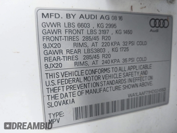 2017 Audi Q7 Premium Plus with VIN WA1LAAF71HD024553, listed as a IAAI auction lot 42165924 with Not provided miles and . Bid and sale history available at DreamBid. Image 9.