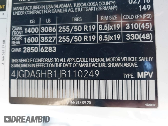 2018 Mercedes-Benz GLE 350 with VIN 4JGDA5HB1JB110249, listed as a IAAI auction lot 41899731 with 76,712 mi miles and . Bid and sale history available at DreamBid. Image 9.