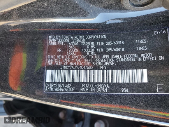 2016 Toyota Land Cruiser z VIN JTMCY7AJ4G4047685, wystawiony jako Copart lot #86186214 z przebiegiem 174 064 mil mil oraz Szkoda całkowita • Salvage title. Historia ofert i sprzedaży dostępna na DreamBid. Obrazek 13.