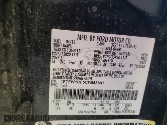 2012 Ford F-150 XL with VIN 1FTFW1CF5CFB53697, listed as a Copart auction lot 48884305 with 206,590 mi miles and Salvage Title. Bid and sale history available at carsss.com. Image 15.
