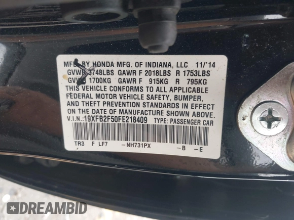 2015 Honda Civic LX with VIN 19XFB2F50FE218409, listed as a IAAI auction lot 42209021 with 165,918 mi miles and . Bid and sale history available at DreamBid. Image 9.
