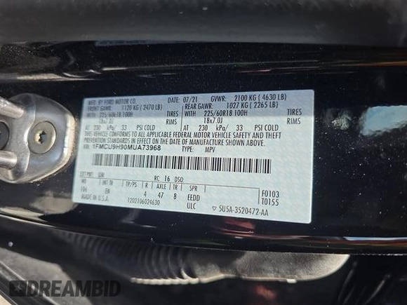 2021 Ford Escape SEL с VIN 1FMCU9H90MUA73968, выставлен на аукционе IAAI как лот 42468227 с пробегом 112 404 миль миль и . История ставок и продаж доступна на DreamBid. Изображение 1.