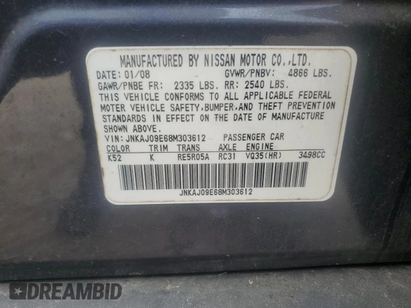 2008 Infiniti EX Journey z VIN JNKAJ09E68M303612, wystawiony jako Copart lot #53564385 z przebiegiem 177 987 mil mil oraz Szkody całkowita. Historia ofert i sprzedaży dostępna na DreamBid. Obrazek 13.