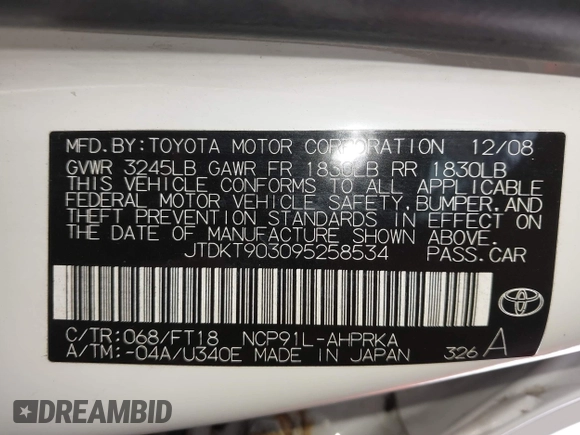 2009 Toyota Yaris with VIN JTDKT903095258534, listed as a IAAI auction lot 41947150 with 171,631 mi miles and . Bid and sale history available at DreamBid. Image 9.