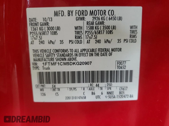 2013 Ford F-150 XL with VIN 1FTMF1CM5DKG20907, listed as a Copart auction lot 57873985 with 91,127 mi miles and Clean title. Bid and sale history available at DreamBid. Image 12.