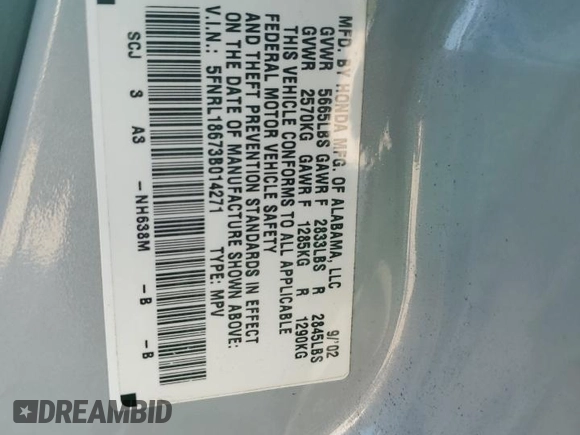 2003 Honda Odyssey EX z VIN 5FNRL18673B014271, wystawiony jako Copart lot #68613374 z przebiegiem 236 360 mil mil oraz Nie do naprawy • Non repairable. Historia ofert i sprzedaży dostępna na DreamBid. Obrazek 13.