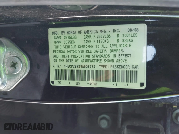 2009 Honda Accord EX-L with VIN 1HGCP36829A006754, listed as a IAAI auction lot 42121746 with 246,771 mi miles and . Bid and sale history available at DreamBid. Image 9.