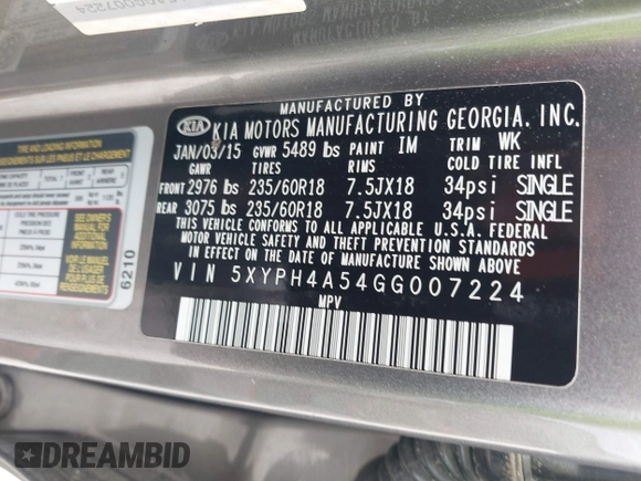 2016 Kia Sorento EX with VIN 5XYPH4A54GG007224, listed as a IAAI auction lot 42181058 with 131,169 mi miles. Bid and sale history available at carsss.com. Image 9.