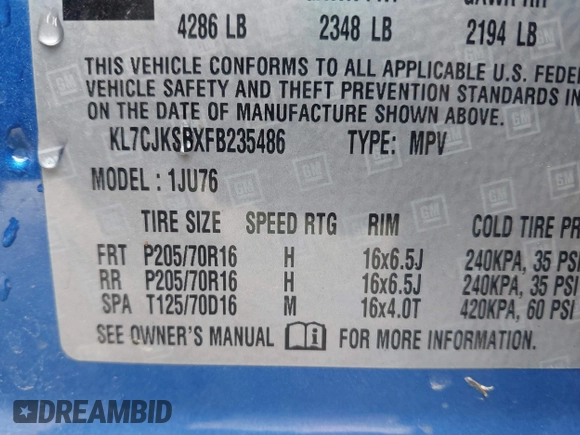 2015 Chevrolet Trax LS with VIN KL7CJKSBXFB235486, listed as a IAAI auction lot 41875595 with 125,301 mi miles. Bid and sale history available at carsss.com. Image 9.