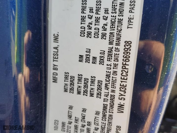 2023 Tesla Model 3 Performance with VIN 5YJ3E1EC2PF669938, listed as a Copart auction lot 70223194 with 0 mi miles and Salvage Title. Bid and sale history available at carsss.com. Image 12.