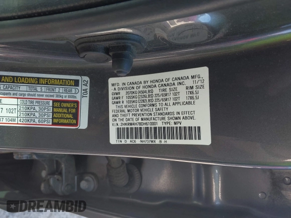 2013 Honda CR-V EX-L with VIN 2HKRM4H78DH610001, listed as a IAAI auction lot 41847397 with 98,239 mi miles. Bid and sale history available at carsss.com. Image 9.
