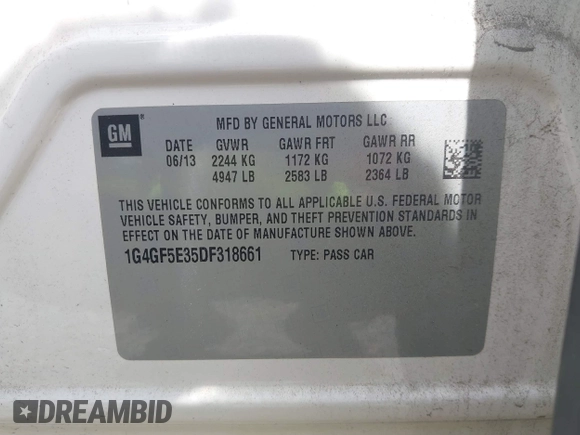 2013 Buick LaCrosse Premium 1 with VIN 1G4GF5E35DF318661, listed as a IAAI auction lot 42757734 with 259,103 mi miles and . Bid and sale history available at DreamBid. Image 9.