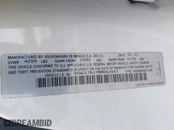 2011 Volkswagen Jetta TDI with VIN 3VWLL7AJ7BM062447, listed as a IAAI auction lot 42756742 with 126,829 mi miles and . Bid and sale history available at DreamBid. Image 9.
