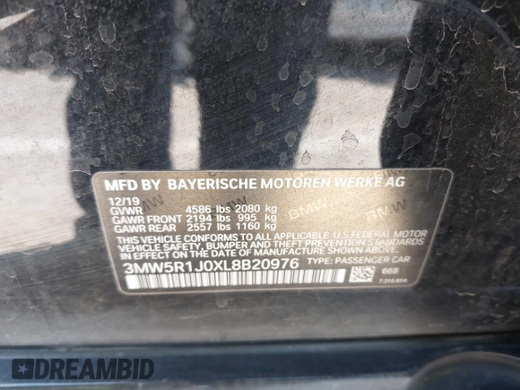 2020 BMW 3 Series 330i с VIN 3MW5R1J0XL8B20976, выставлен на аукционе IAAI как лот 42126378 с пробегом 69 852 миль миль и . История ставок и продаж доступна на DreamBid. Изображение 9.