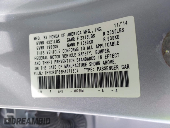2015 Honda Accord EX-L with VIN 1HGCR2F86FA071607, listed as a IAAI auction lot 42581649 with 206,200 mi miles and . Bid and sale history available at DreamBid. Image 9.