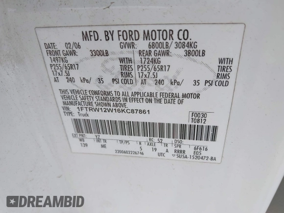 2006 Ford F-150 XLT с VIN 1FTRW12W16KC87861, выставлен на аукционе IAAI как лот 41951671 с пробегом 190 015 миль миль и . История ставок и продаж доступна на DreamBid. Изображение 9.